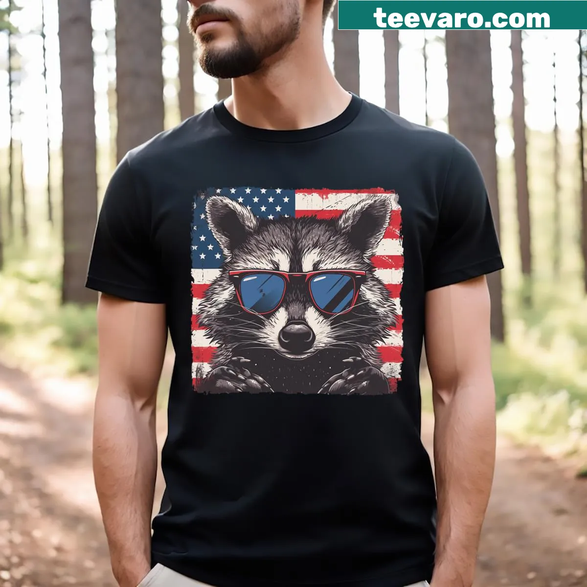 Cartoon raccoon graphic on 4th of July themed t-shirt — on a men's t-shirt