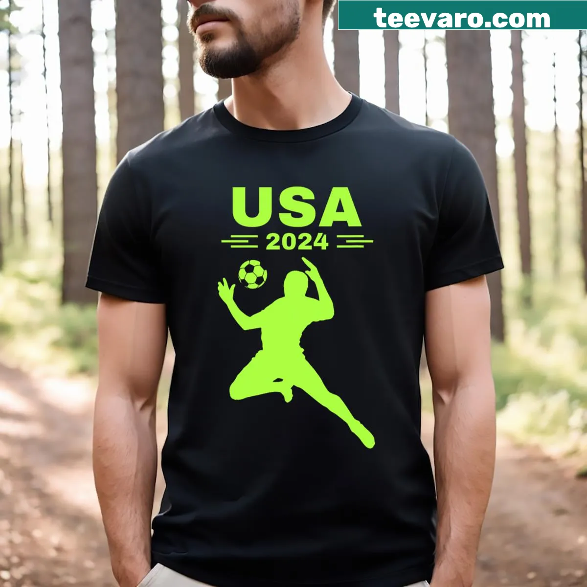 Soccer-themed graphic t-shirt with repeating soccer ball design — on a men's t-shirt