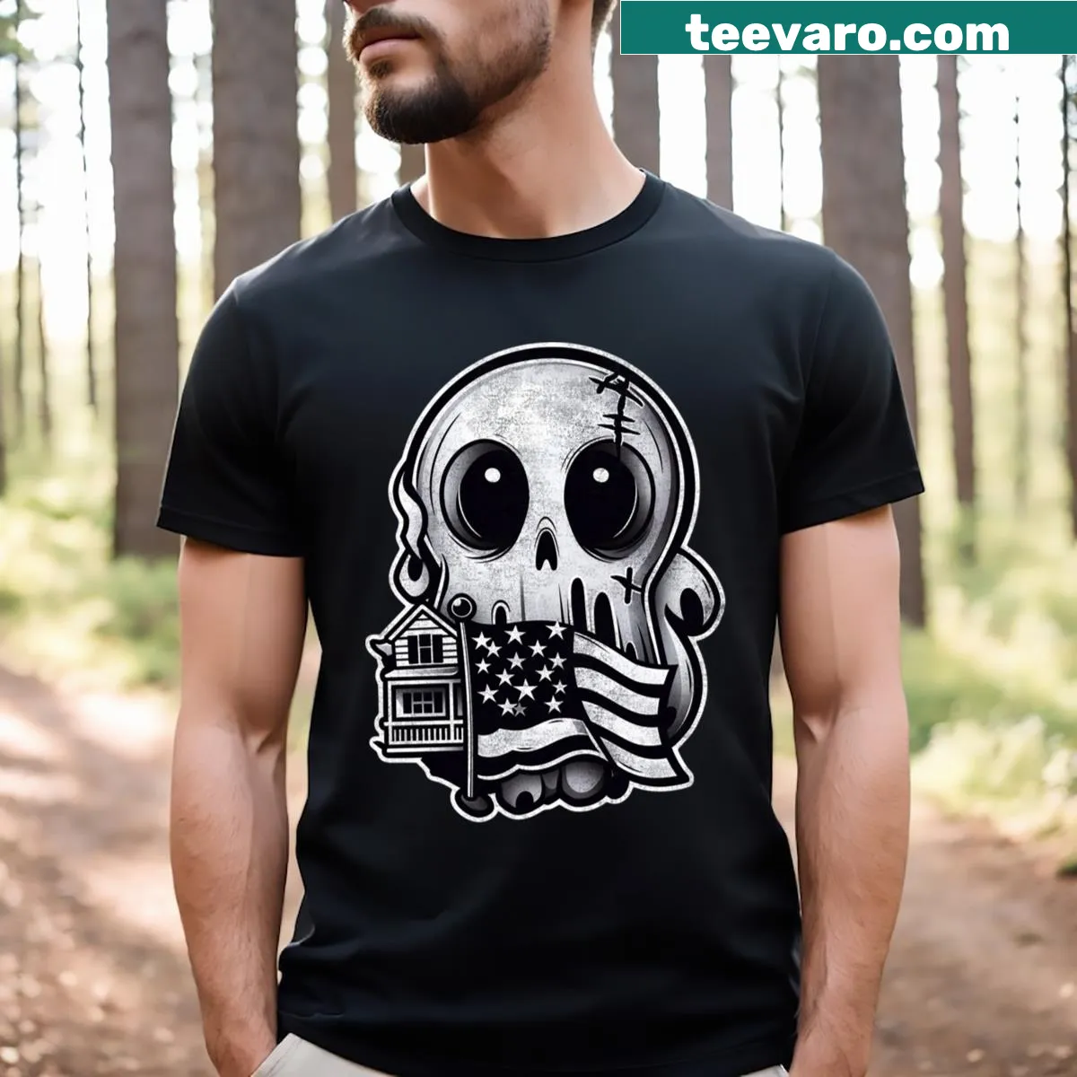 Funny Halloween ghost graphic T-shirt with American flag — on a men's t-shirt