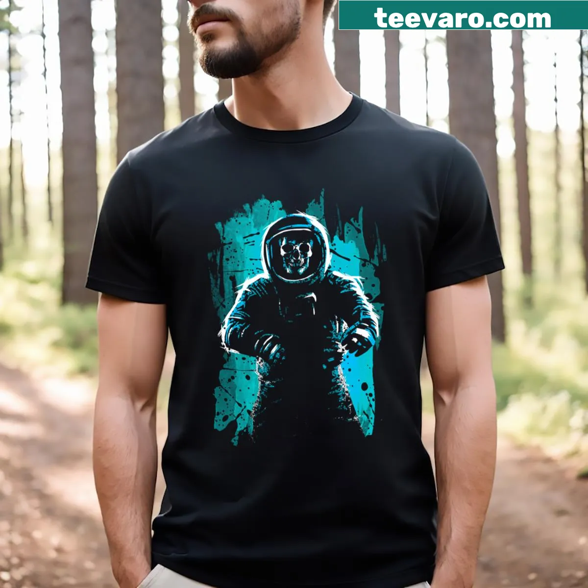 Astronaut skull graphic on a blue t-shirt — on a men's t-shirt