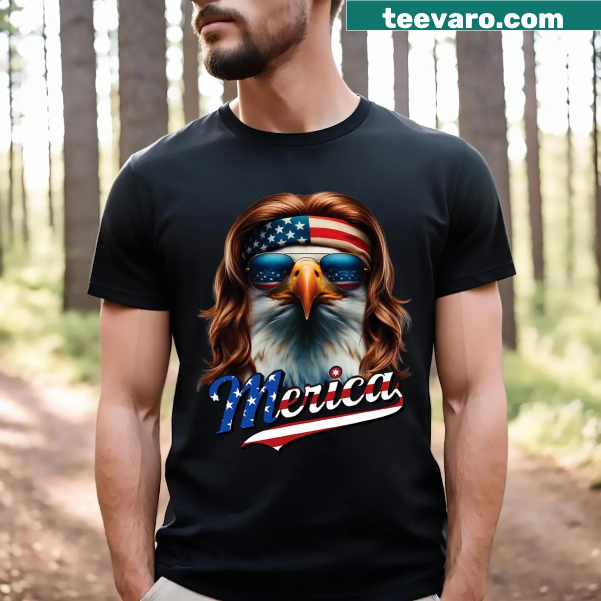 Bald eagle with a mullet on a Fourth of July t-shirt — on a men's t-shirt