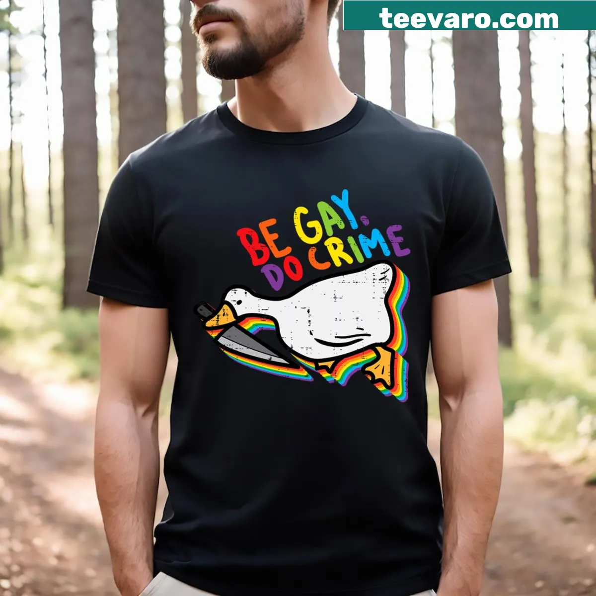 Funny LGBTQ+ graphic t-shirt with goose and pride flag message — on a men's t-shirt