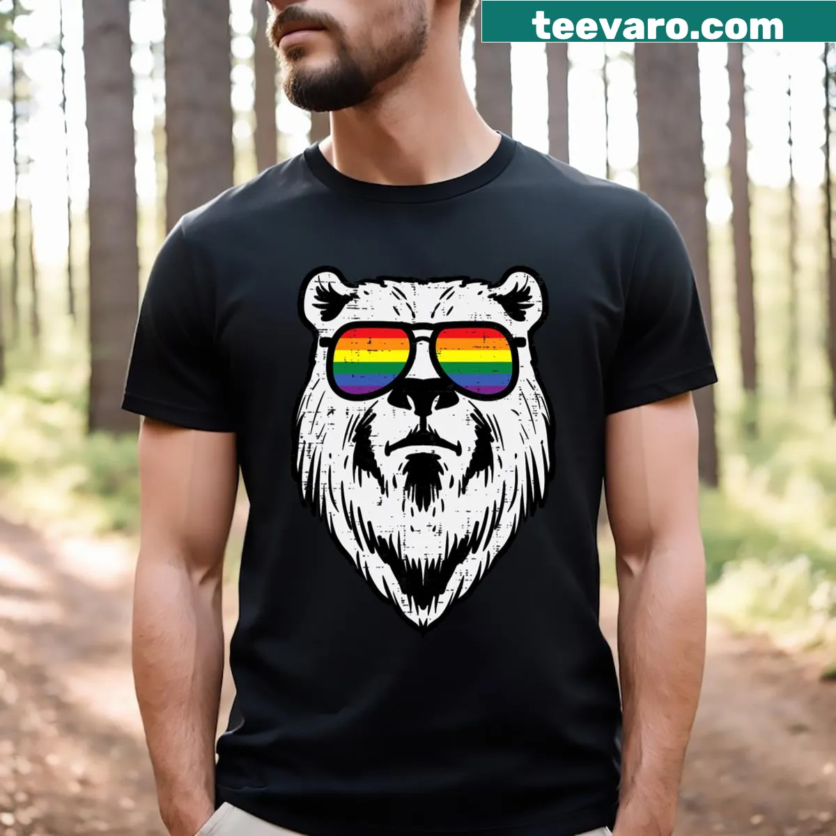 Bear face illustration with rainbow sunglasses for LGBTQ pride — on a men's t-shirt
