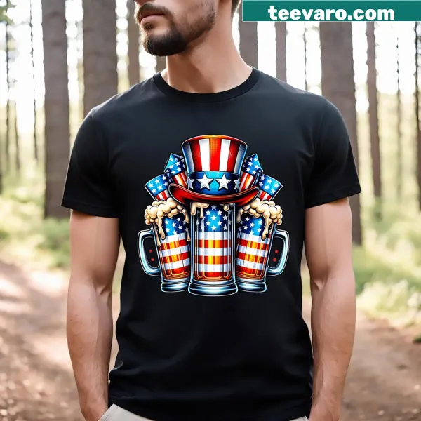 Funny beer-themed American flag t-shirt for Fourth of July