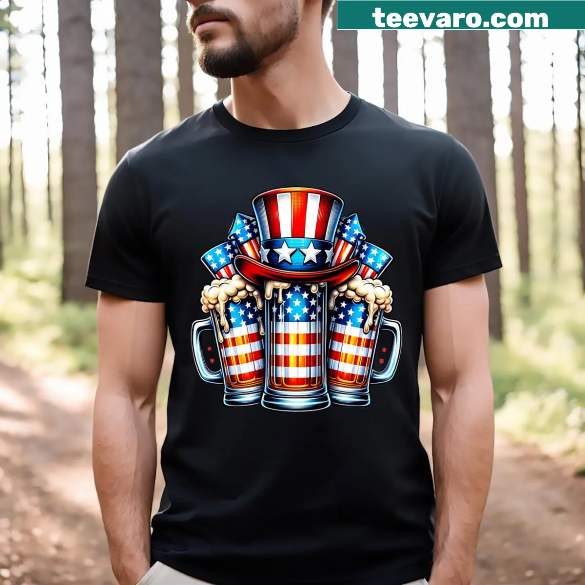 Funny beer-themed American flag t-shirt for Fourth of July — on a men's t-shirt
