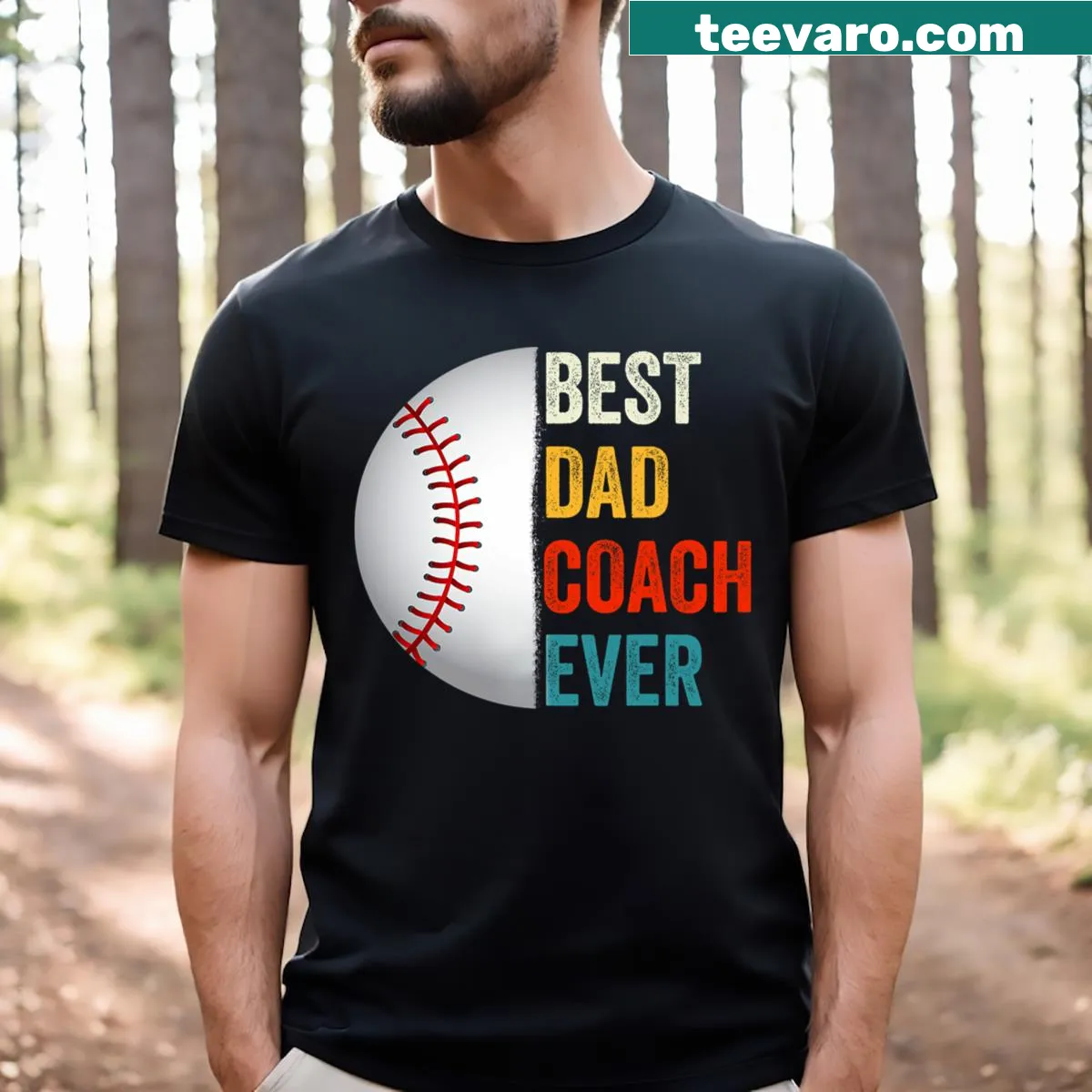 Patriotic Dad Coach t-shirt featuring bold lettering and baseball graphics — on a men's t-shirt