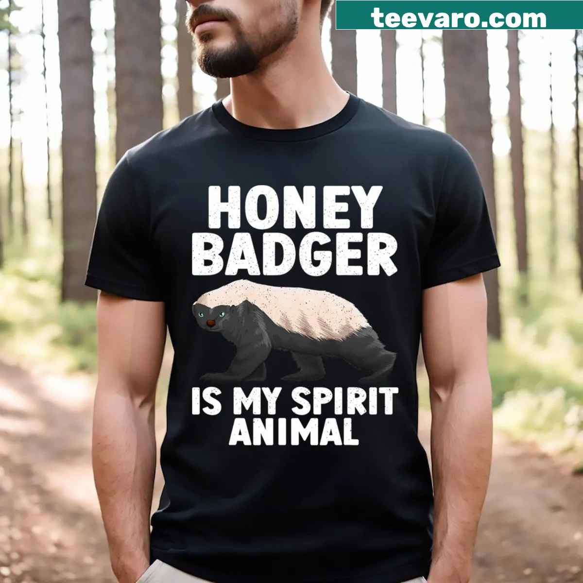 Cartoon honey badger graphic on a humorous animal-themed tee. — on a men's t-shirt