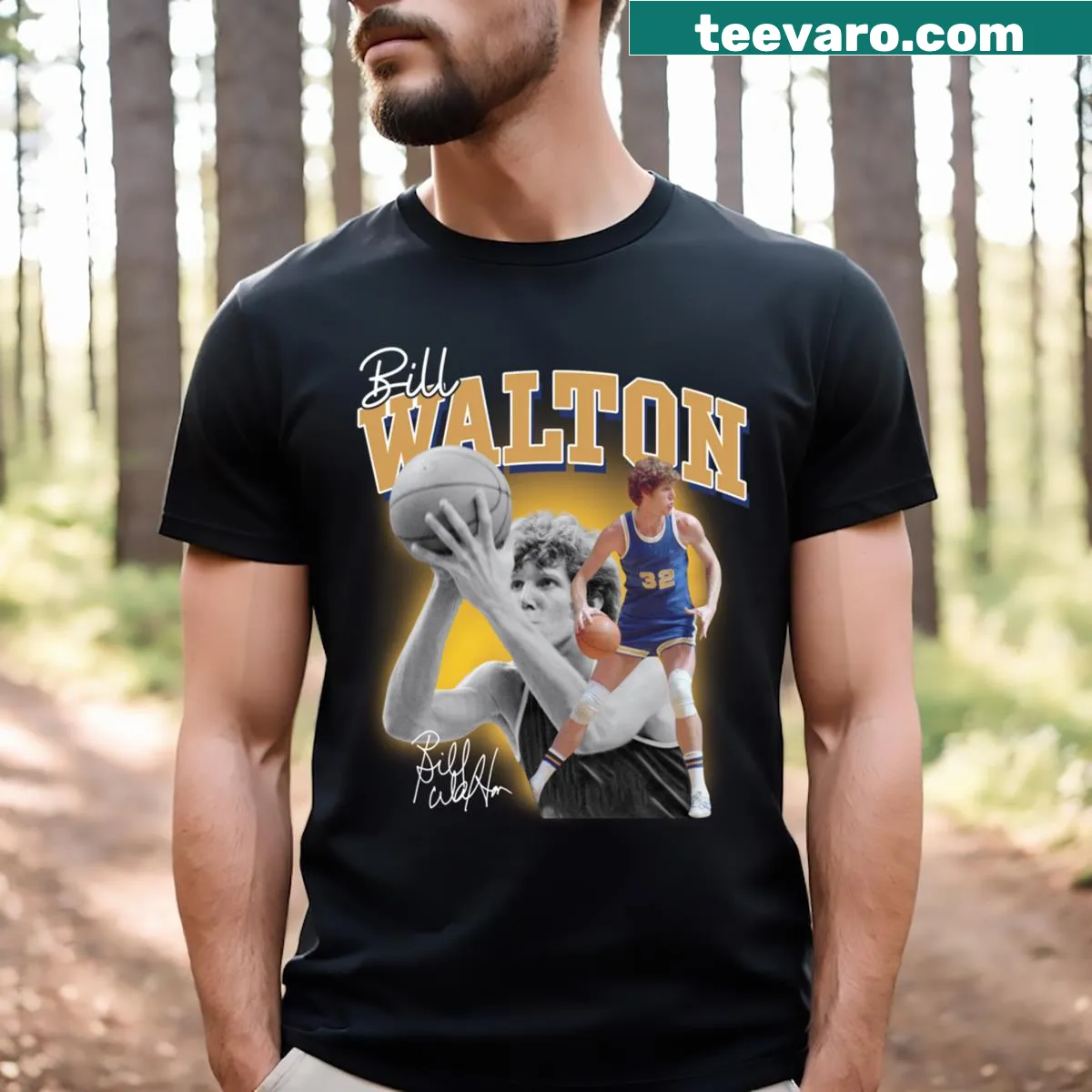 Bill Walton retro T-shirt with signature and vintage design — on a men's t-shirt