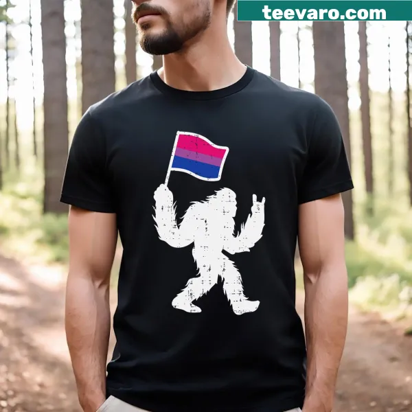 Bisexual Bigfoot graphic T-shirt with pride flag elements