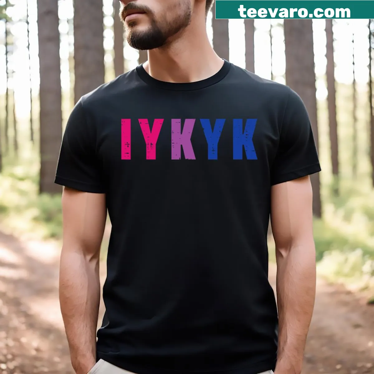 Bold bi pride flag with IYKYK text graphic on t-shirt — on a men's t-shirt