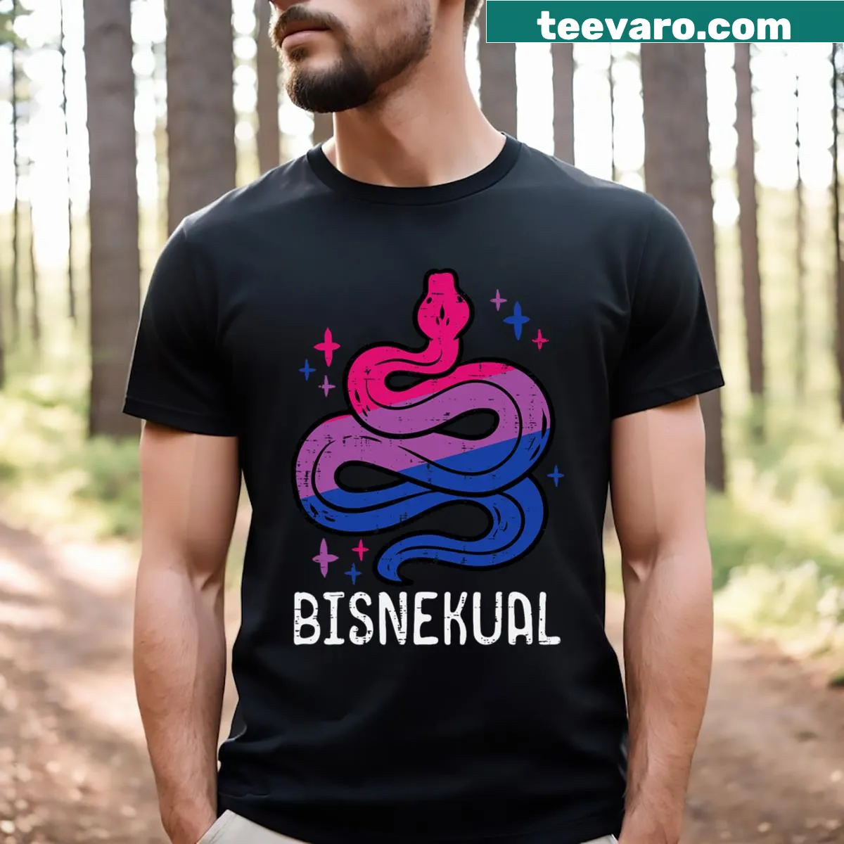 Funny T-shirt featuring a snake and the phrase 'Bisnekual' with bi pride colors — on a men's t-shirt