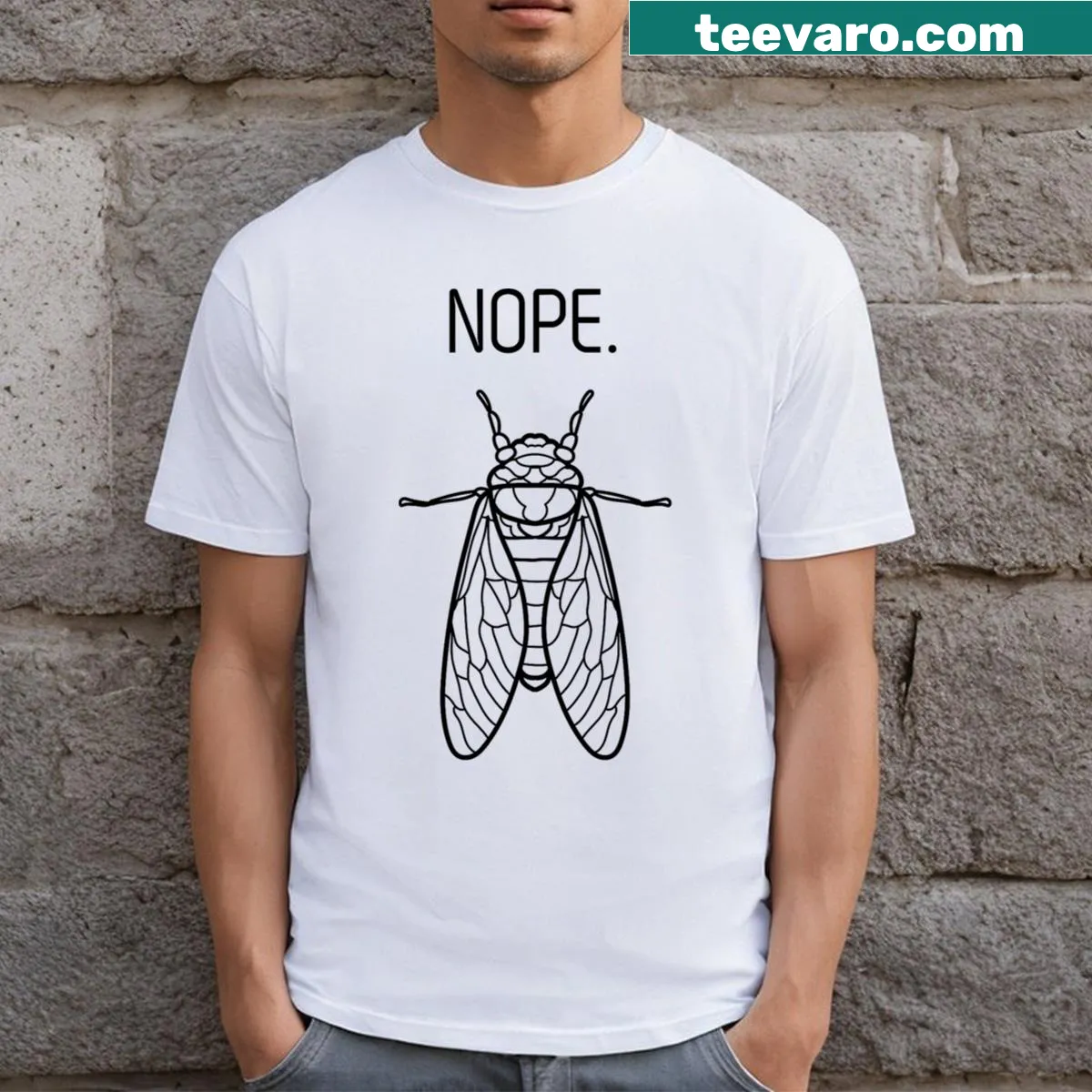 Humorous graphic T-shirt featuring cicadas and the word 'Nope' — on a men's t-shirt