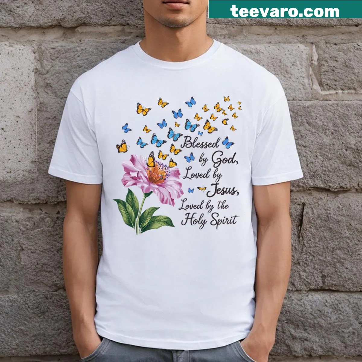T-shirt featuring a butterfly and cross design with the phrase 'Blessed By God' — on a men's t-shirt