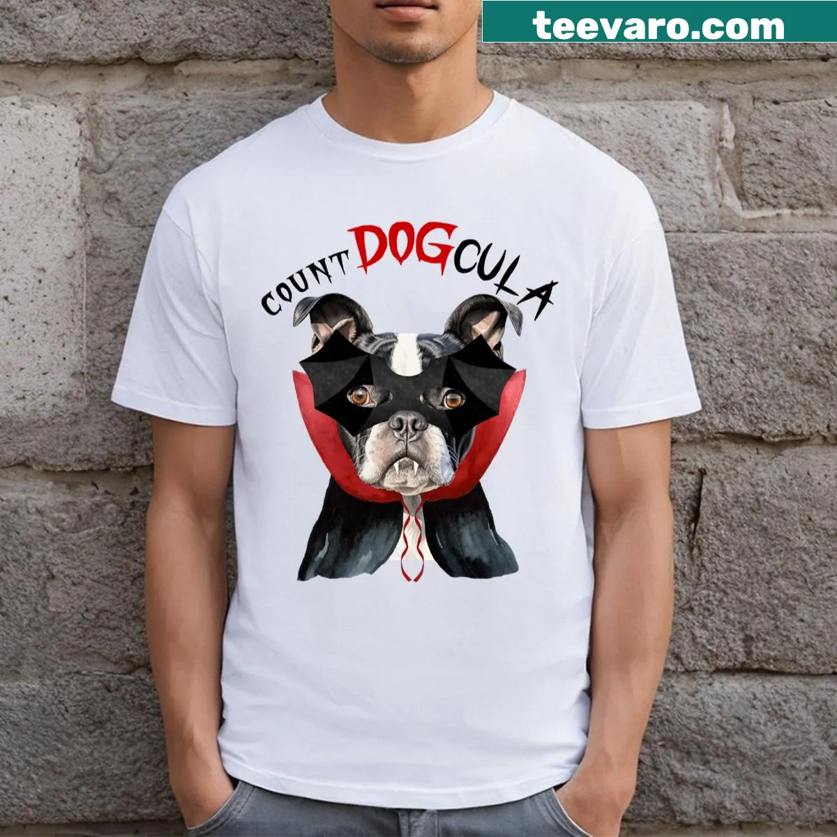 Funny Halloween T-shirt featuring a Boston Terrier in costume — on a men's t-shirt
