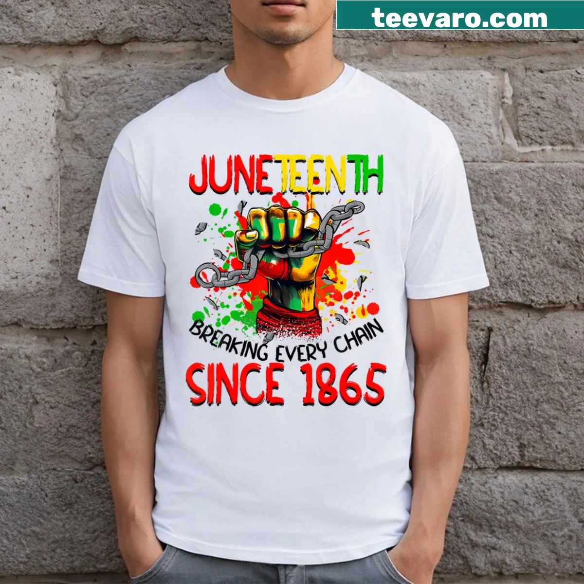 Juneteenth T-shirt with bold text about freedom since 1865 — on a men's t-shirt