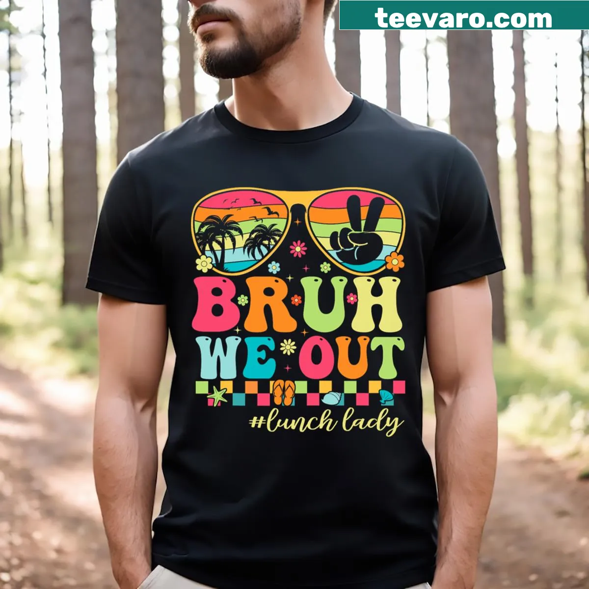 Funny t-shirt featuring the phrase 'Bruh, We Outs' celebrating the last day of school. — on a men's t-shirt