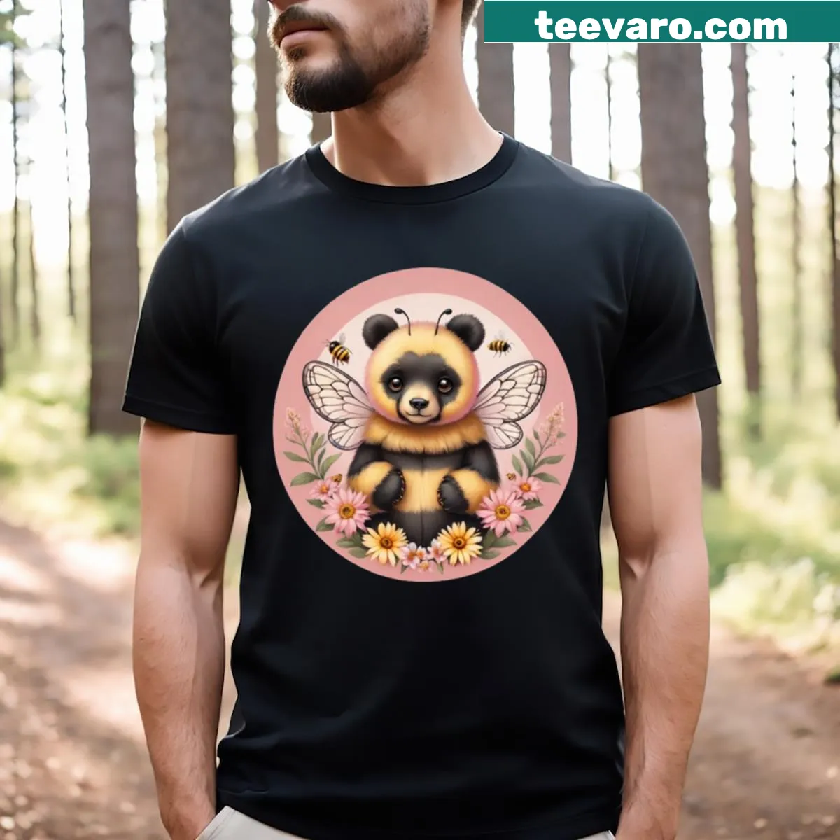 Watercolor T-shirt featuring a bear with flowers and bees — on a men's t-shirt
