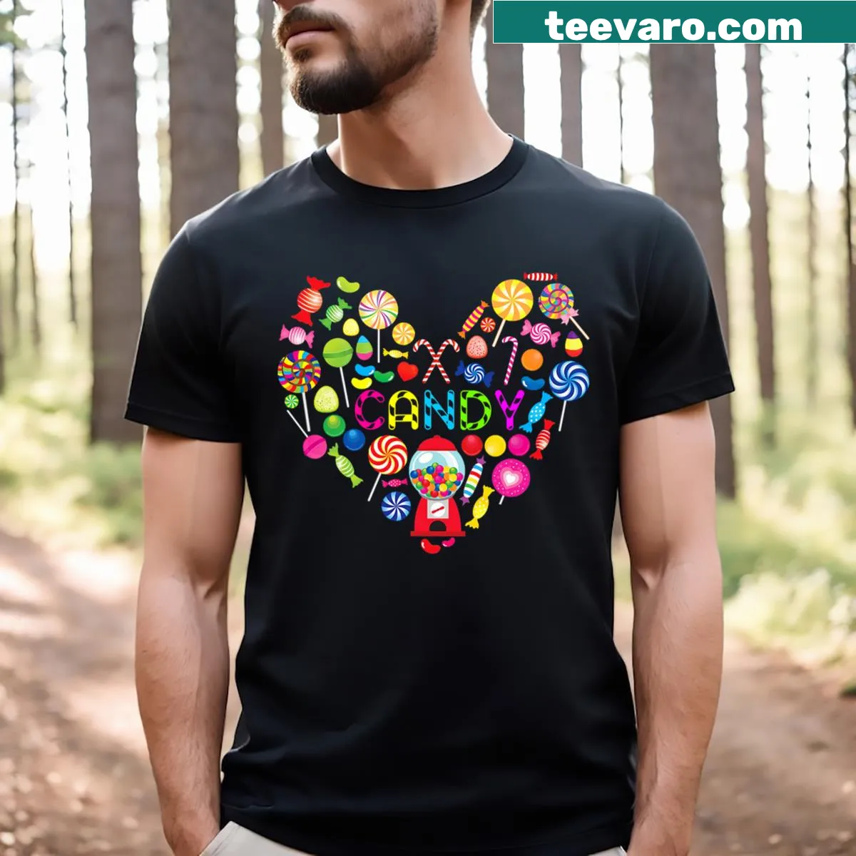 Halloween T-shirt with candy-themed graphic for all ages — on a men's t-shirt
