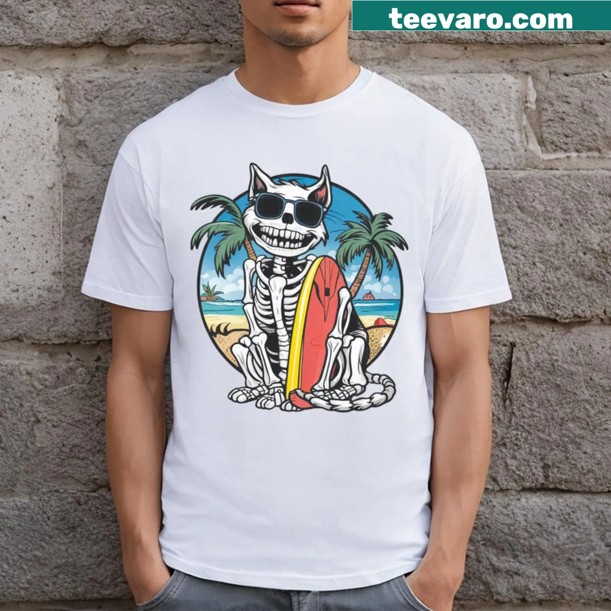 Playful cat skeleton relaxing on the beach illustrated on a T-shirt — on a men's t-shirt