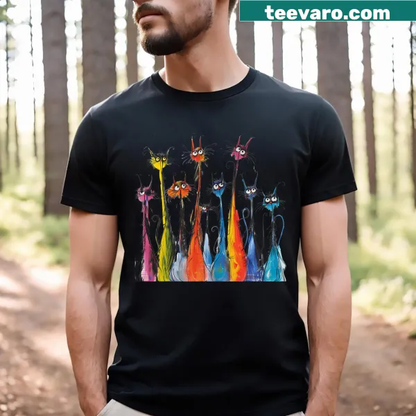 Vintage-style T-shirt with mid-century art design featuring cats