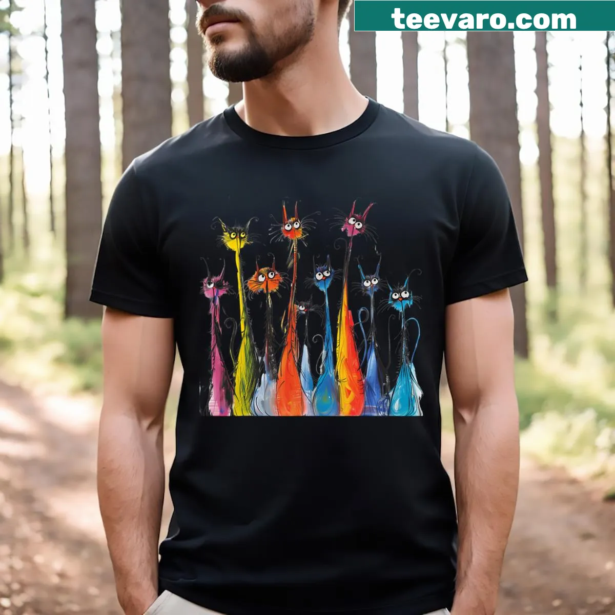 Vintage-style T-shirt with mid-century art design featuring cats — on a men's t-shirt