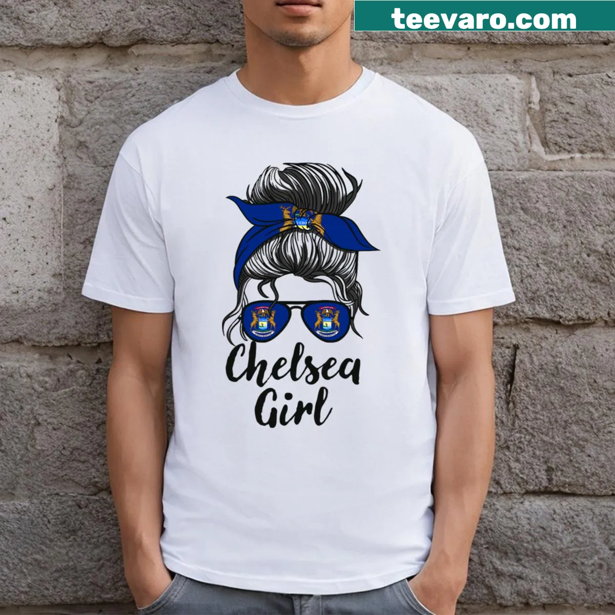 Illustration celebrating Chelsea Michigan with a girl design — on a men's t-shirt