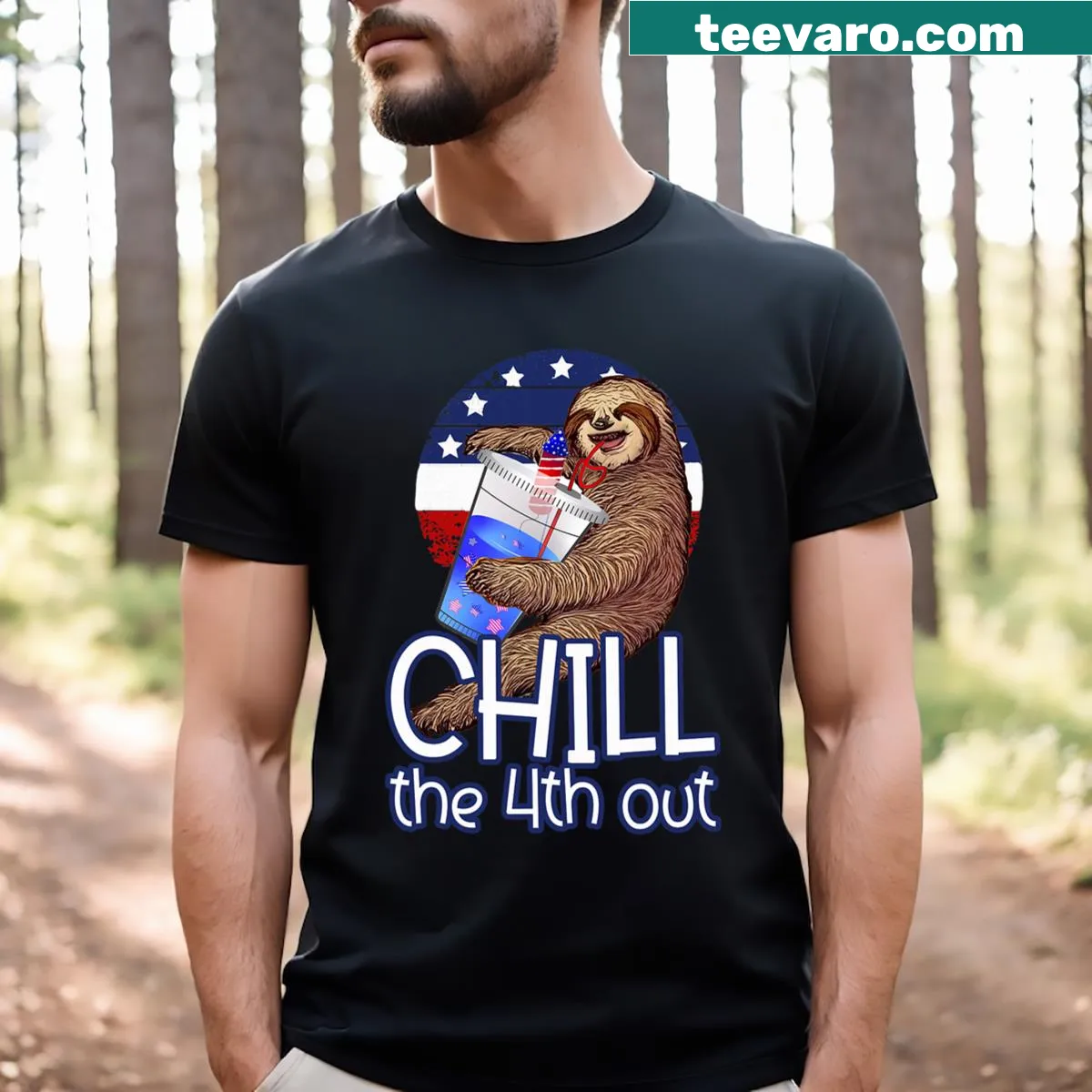 Cute sloth cartoon celebrating the Fourth of July on a kids' t-shirt — on a men's t-shirt