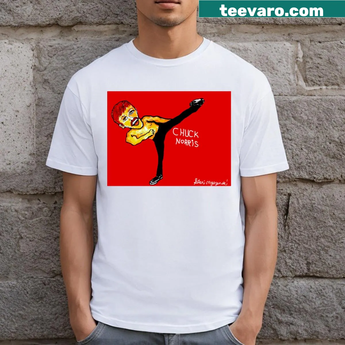 Bold typography T-shirt featuring Chuck Norris and martial arts quotes — on a men's t-shirt