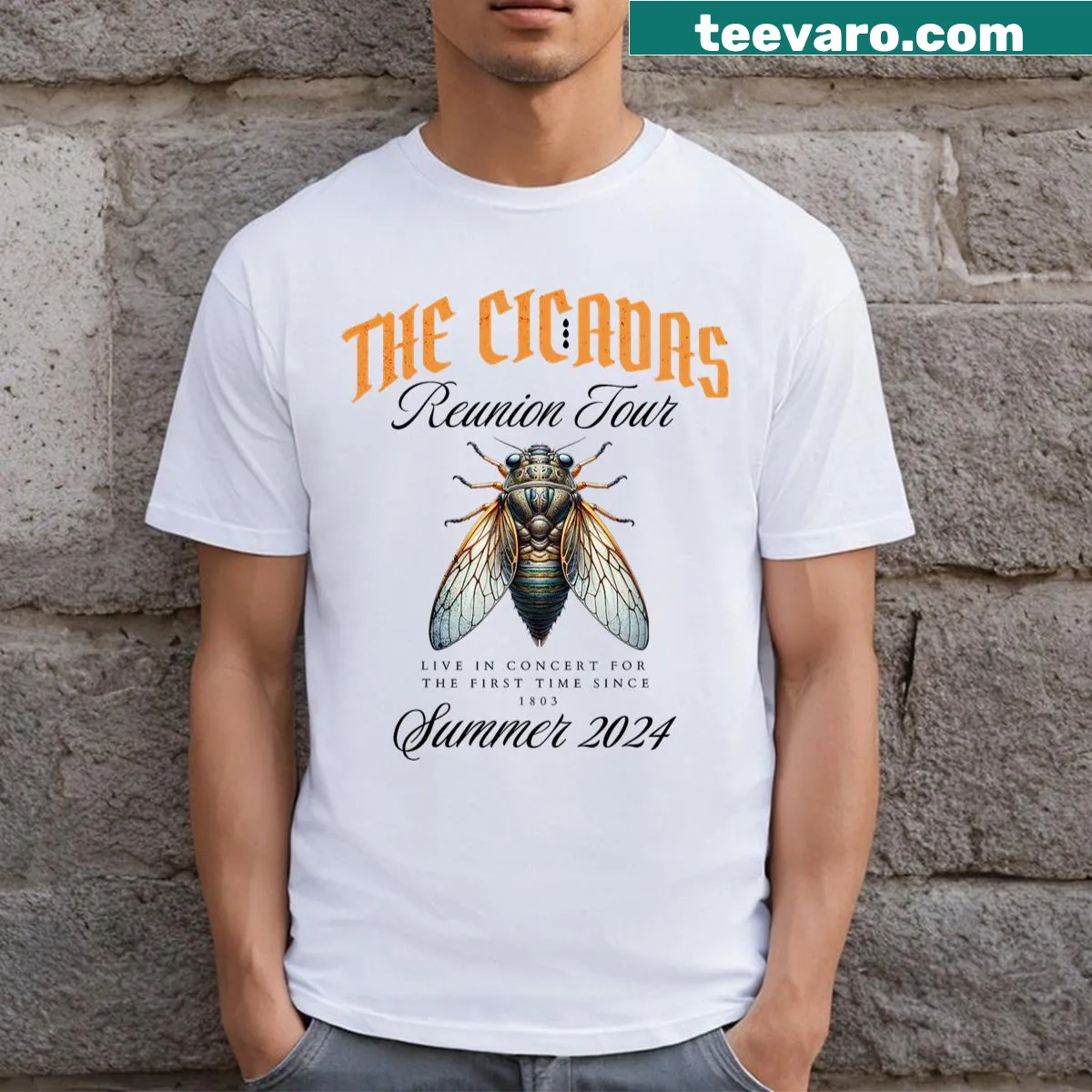 Funny t-shirt with 'Cicada 2024 Comeback Tour' text — on a men's t-shirt
