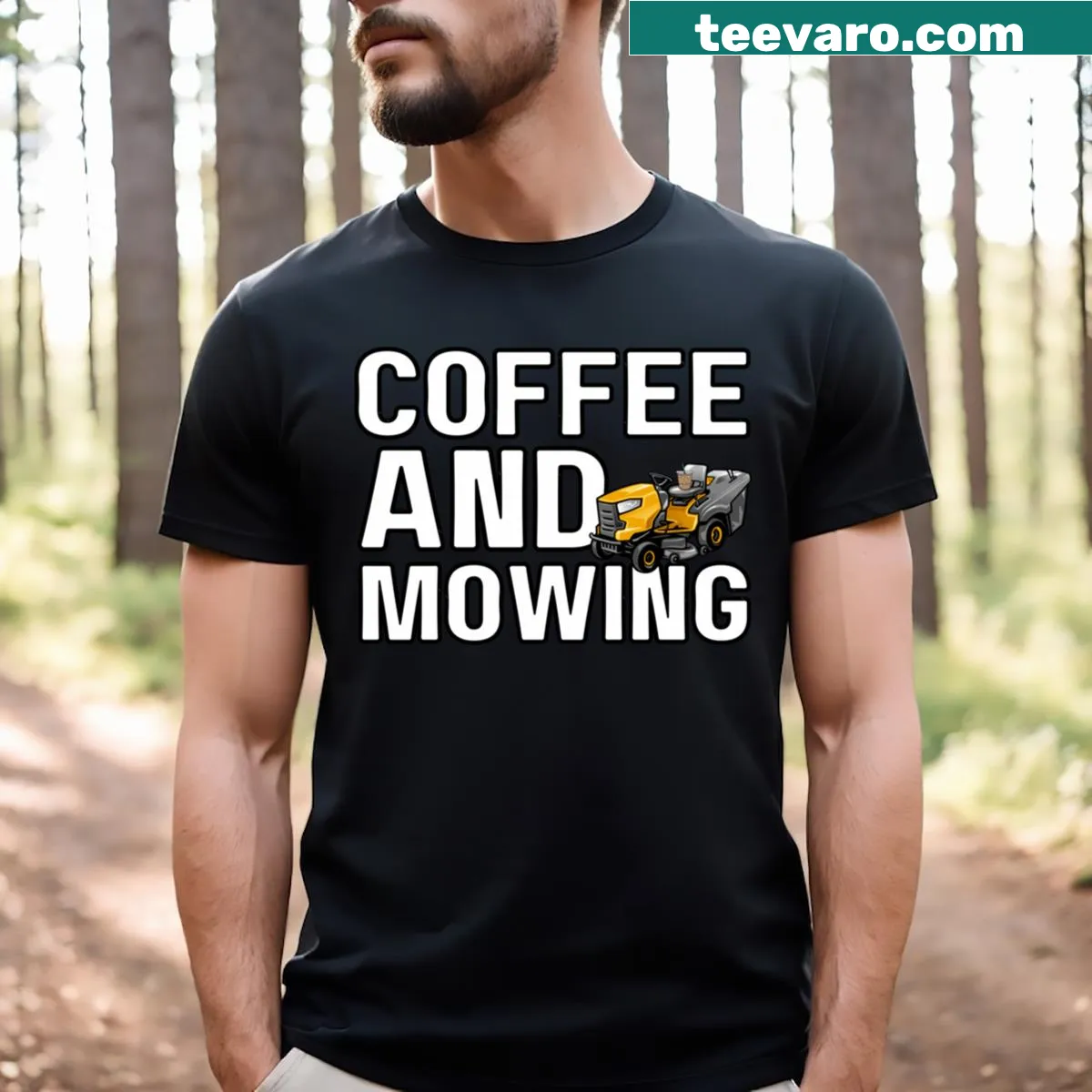 Lighthearted graphic featuring coffee and mowing on a casual t-shirt — on a men's t-shirt