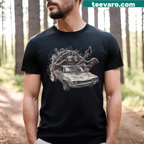 T-shirt featuring a whimsical car graphic with playful design