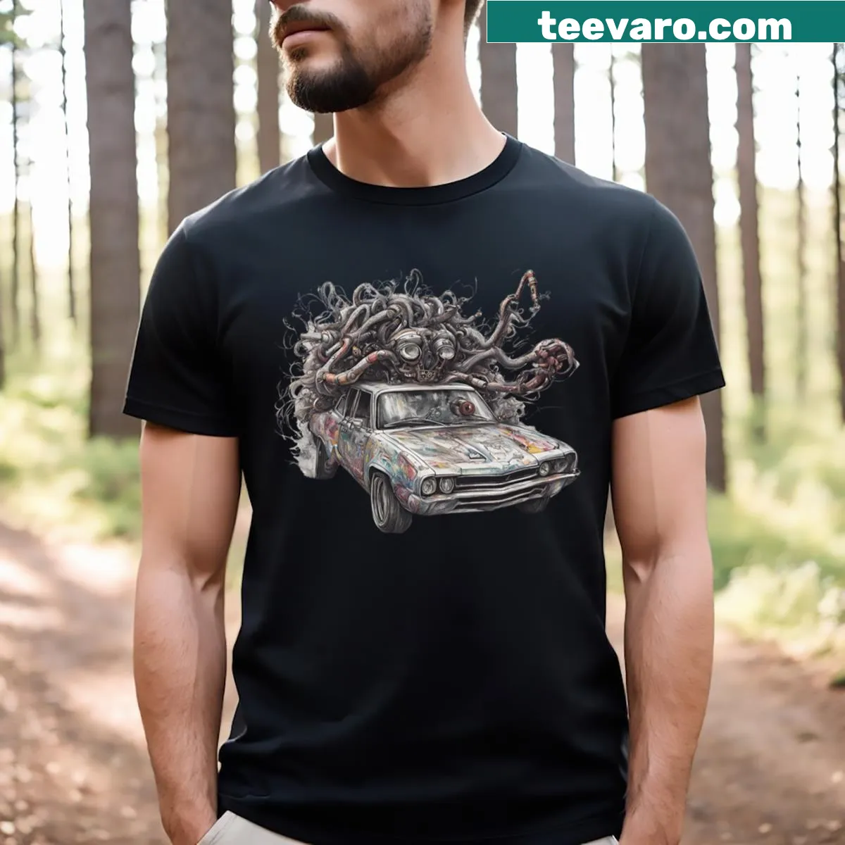 T-shirt featuring a whimsical car graphic with playful design — on a men's t-shirt