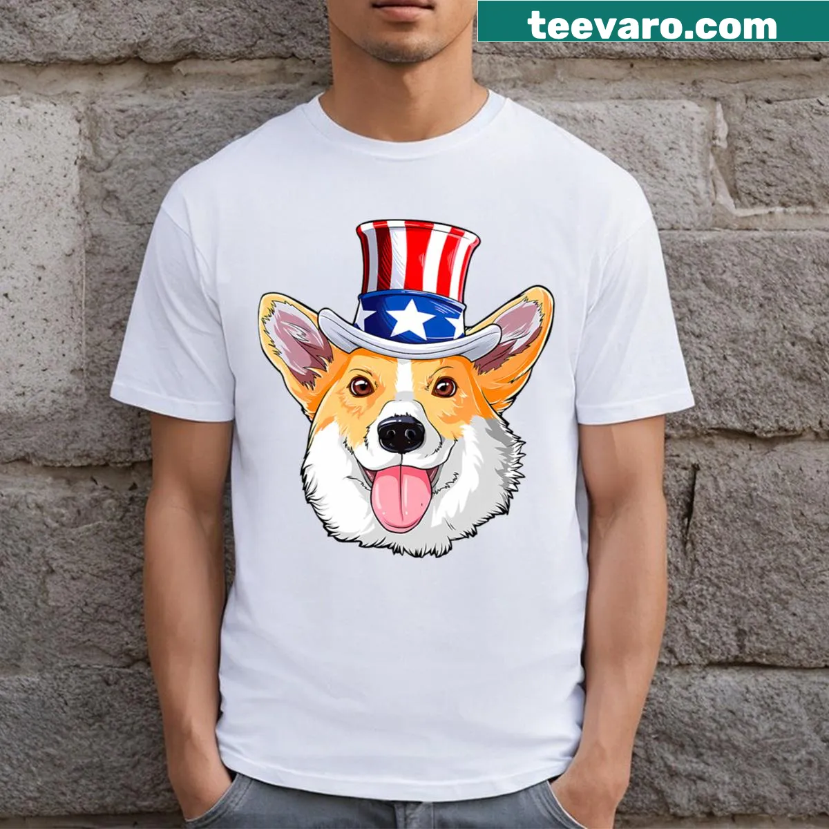 Cute corgi with American flag for July 4th celebration — on a men's t-shirt