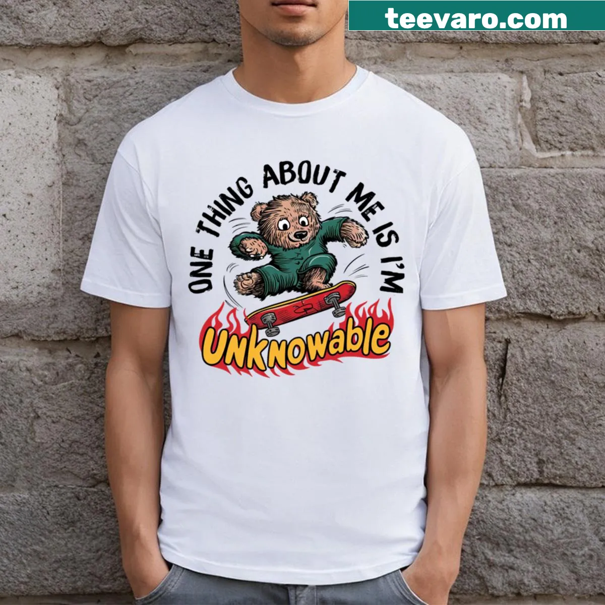Cartoon bear skating on a skateboard in a funny design — on a men's t-shirt