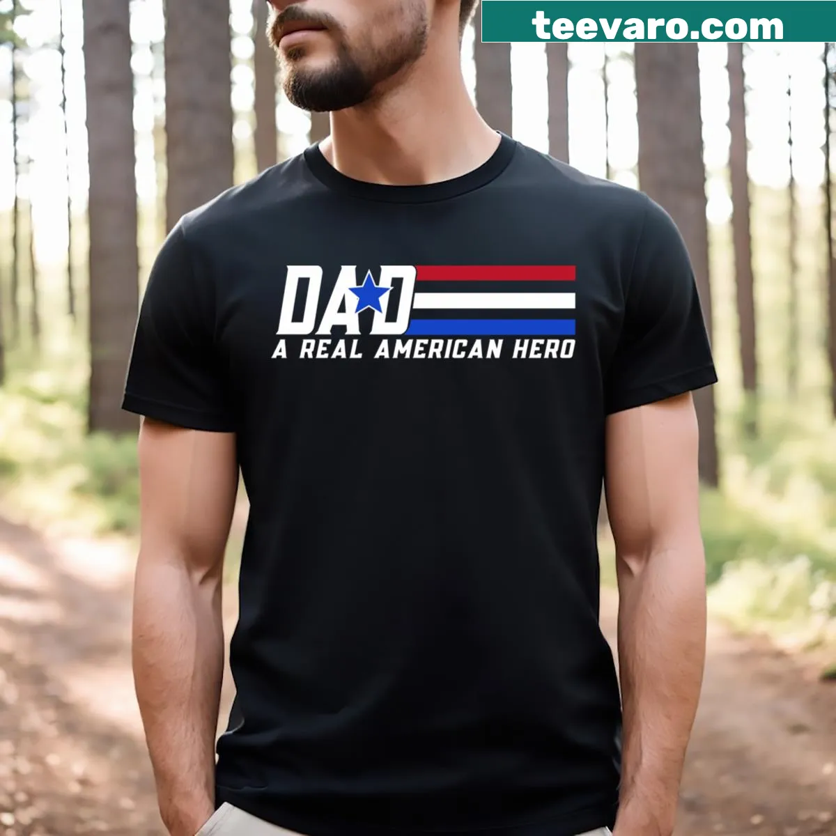 Patriotic t-shirt featuring 'Real American Hero' for dads — on a men's t-shirt