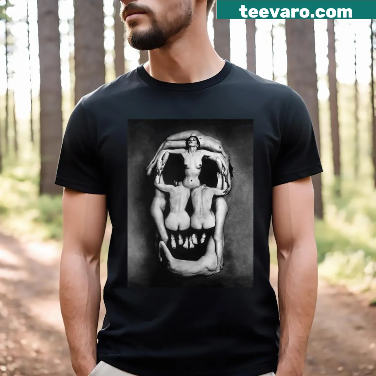 High-definition Skull graphic inspired by Dali — on a men's t-shirt