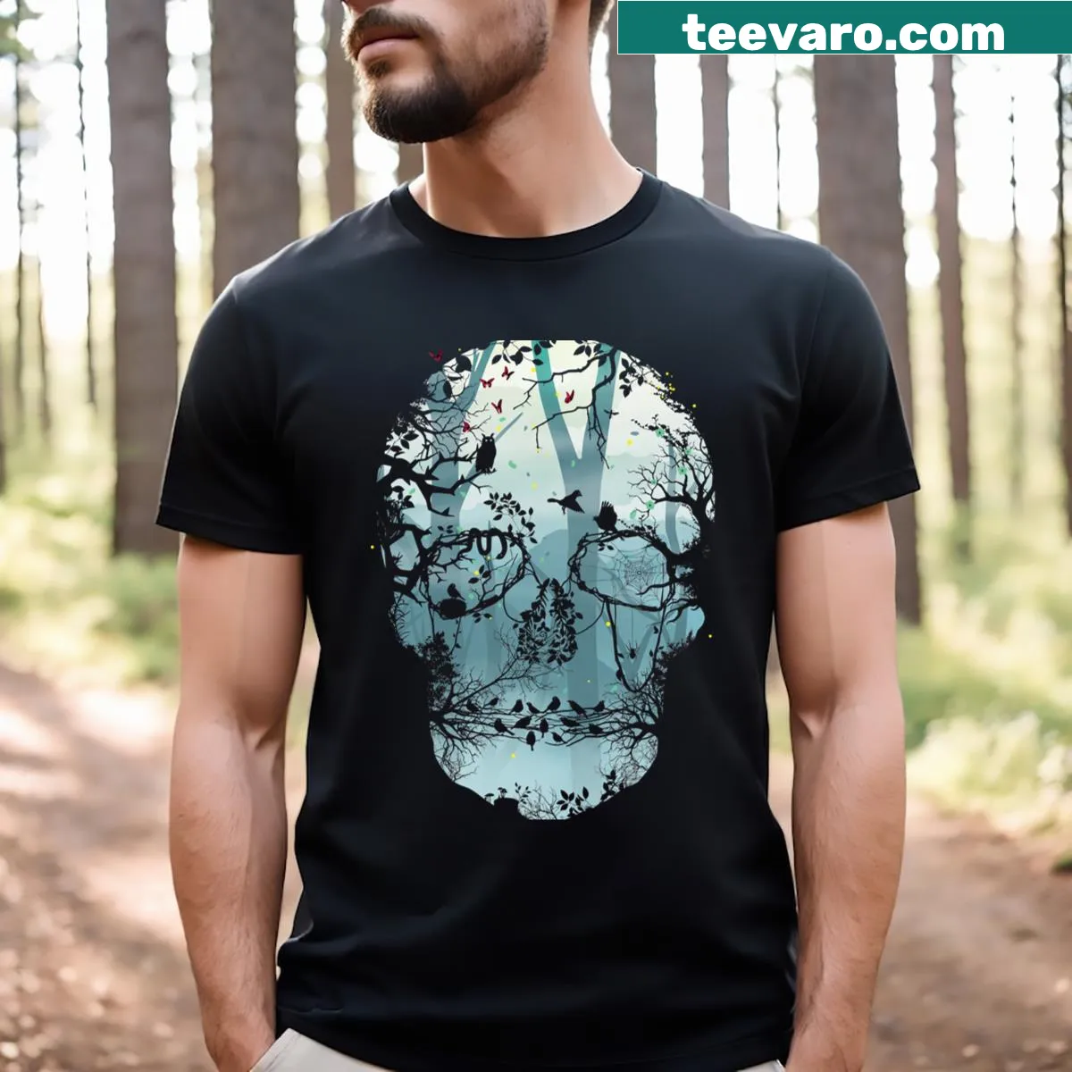 Skull graphic surrounded by dark forest elements on t-shirt — on a men's t-shirt