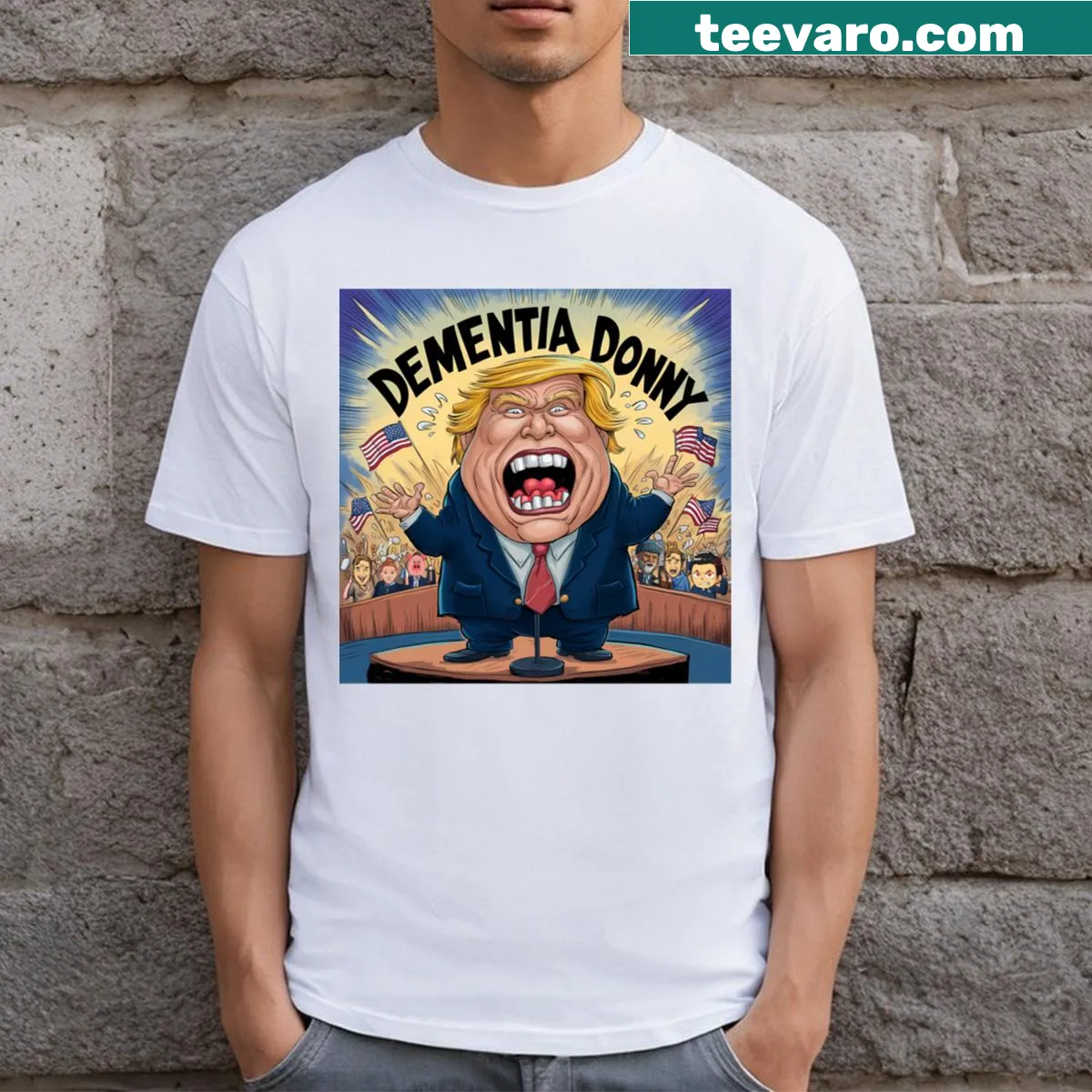Funny political commentary graphic T-shirt — on a men's t-shirt