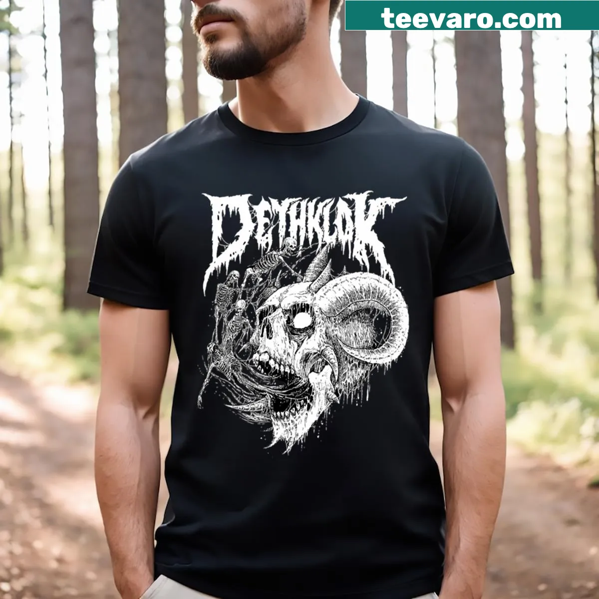 Dethklok-inspired skull graphic T-shirt — on a men's t-shirt