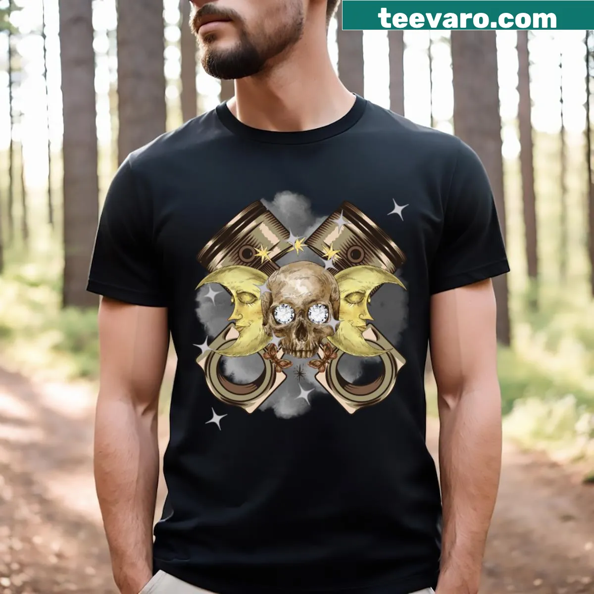 T-shirt showcasing a diamond-accented skull graphic — on a men's t-shirt