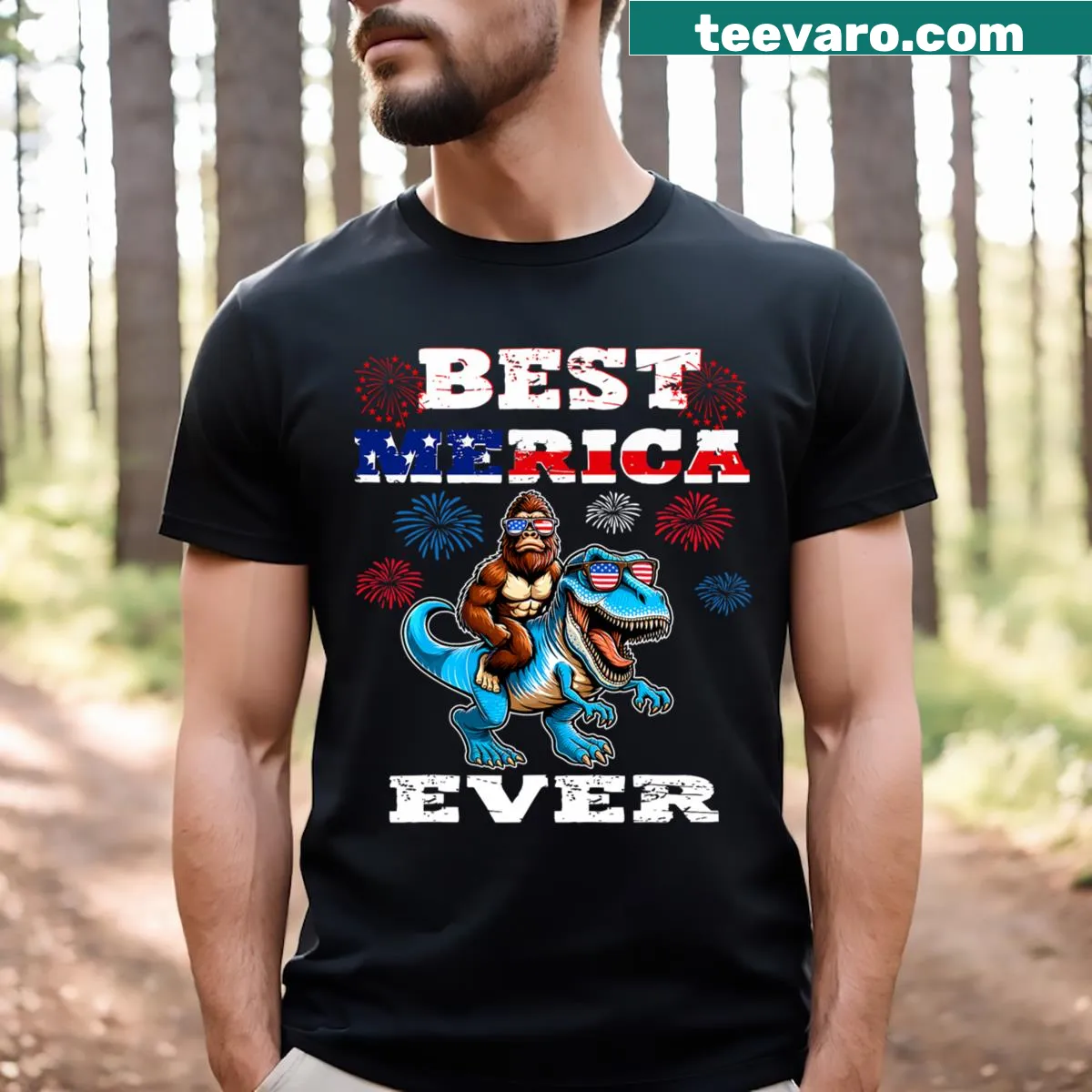 Illustrative T-shirt featuring Dino Bigfoot with American flag for kids — on a men's t-shirt