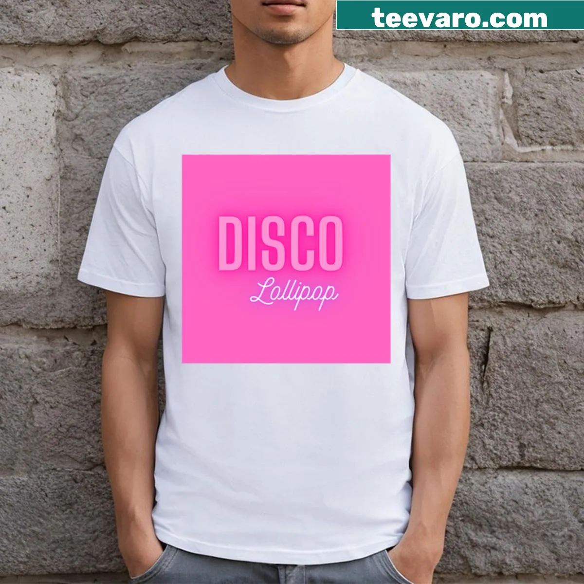 Cartoon-style T-shirt featuring a colorful disco lollipop — on a men's t-shirt