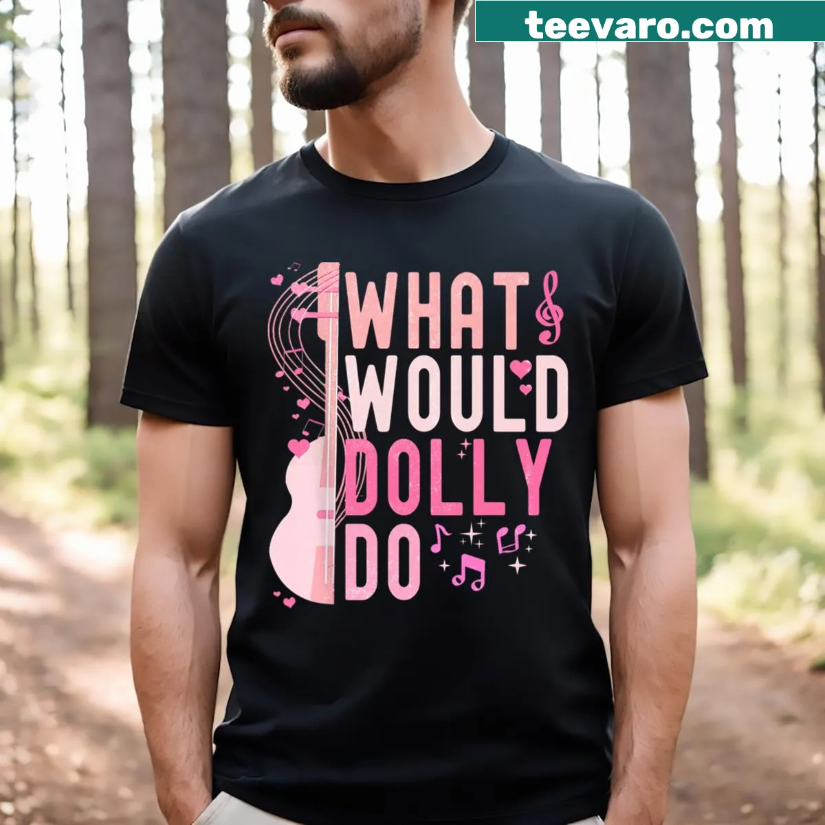 Personalized T-shirt asking 'What Would Dolly Do?' in fun typography — on a men's t-shirt