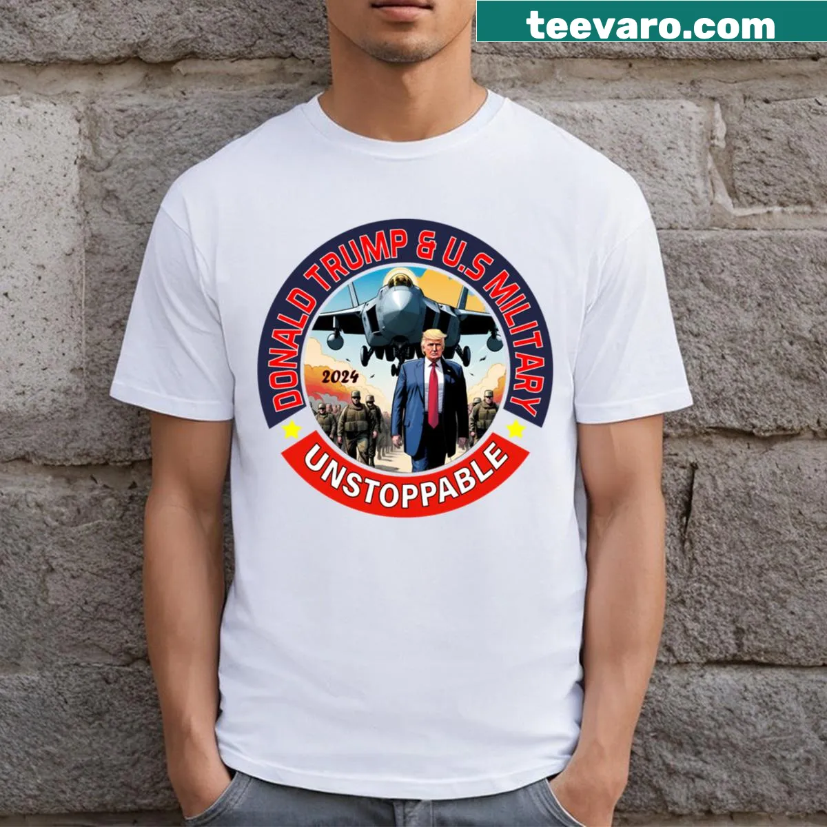 Supportive graphic of Donald Trump and the US military on a t-shirt — on a men's t-shirt