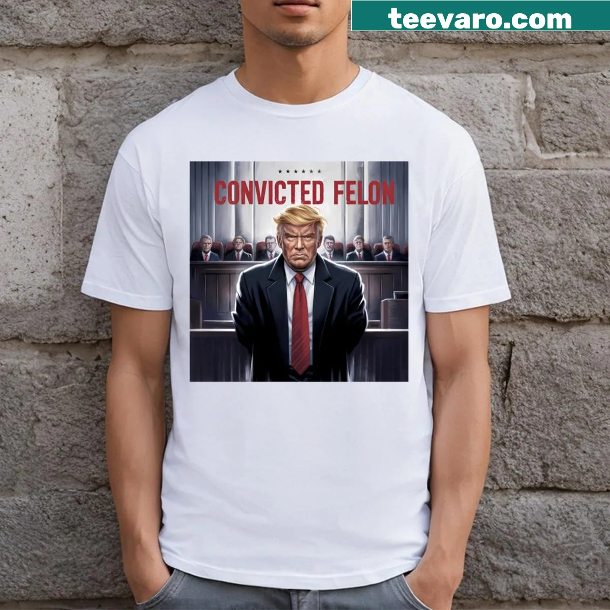 Humorous convicted felon text T-shirt — on a men's t-shirt