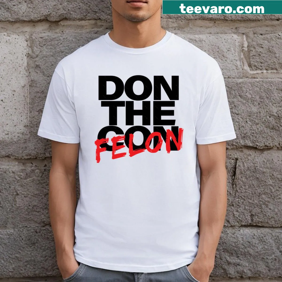 Text graphic reading 'Guilty Felon' on a T-shirt — on a men's t-shirt