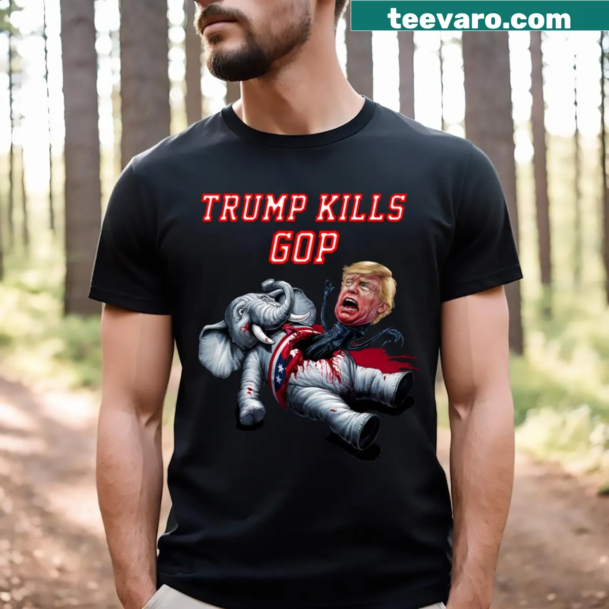 Text graphic T-shirt with the phrase 'Kills The Gop' — on a men's t-shirt