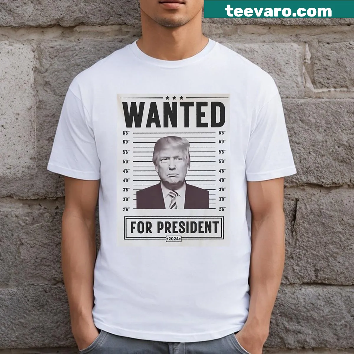 T-shirt featuring a mug shot graphic of Donald Trump with political text — on a men's t-shirt