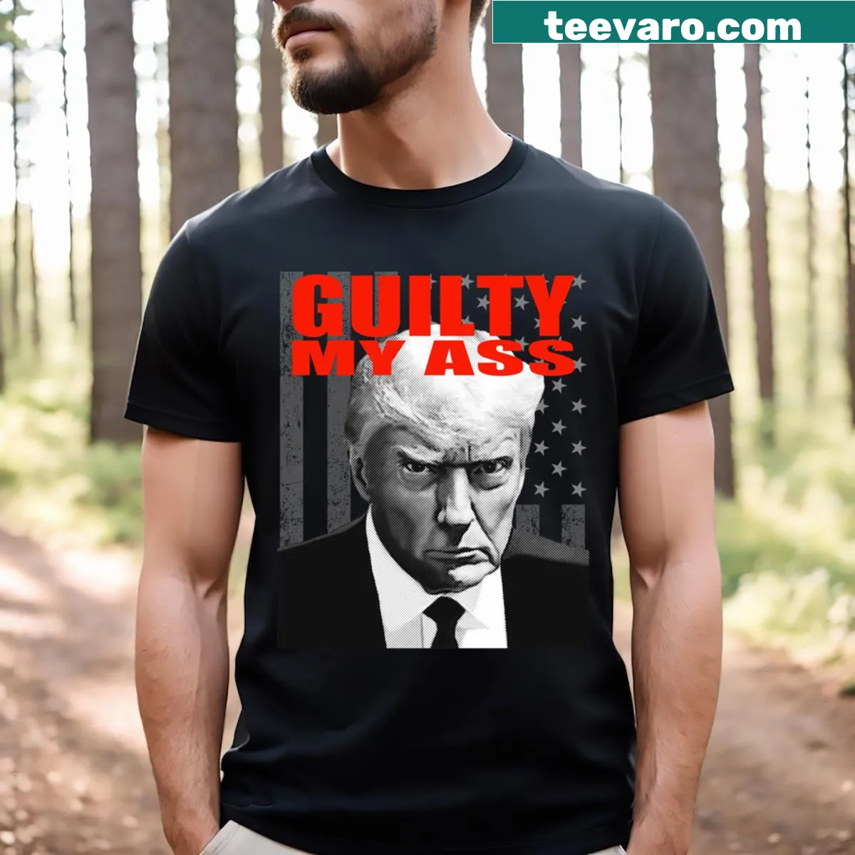 T-shirt with bold 'Guilty My Ass' text in striking typography — on a men's t-shirt