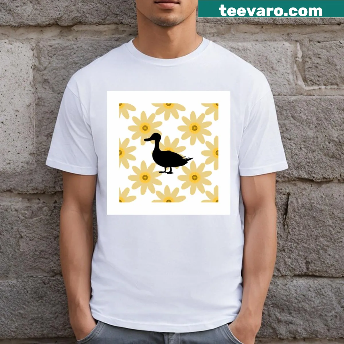 Cute duck surrounded by flowers in an illustrated design — on a men's t-shirt